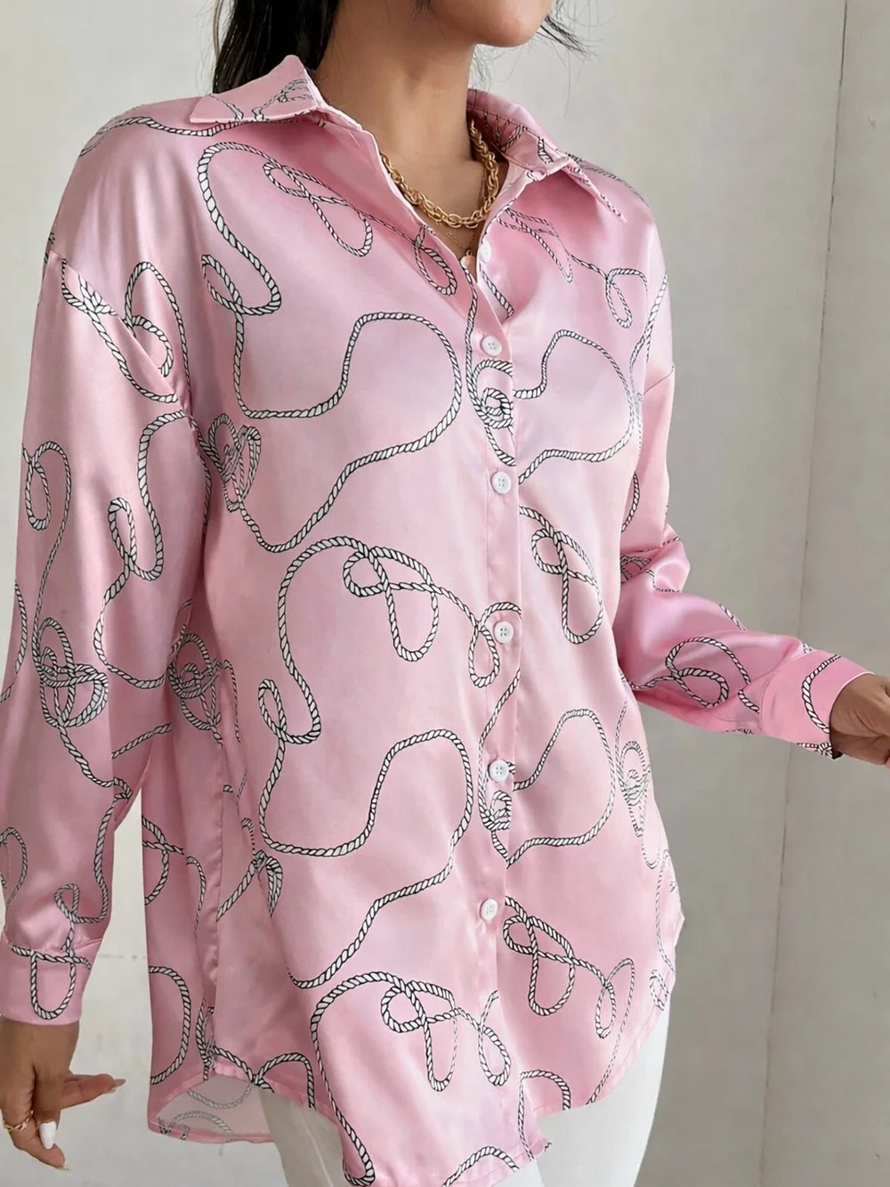 Zara Pink Satin Rope-Print Button-Up Blouse - Picture 1 of 9